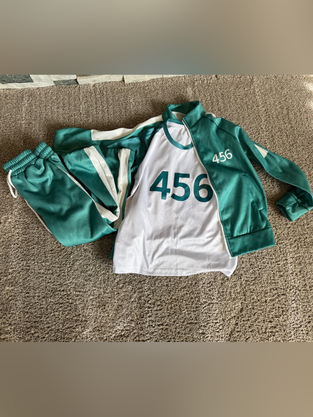 Player 456 Costume- Squid Games Kids Green Track Jacket, t-shirt, pants.